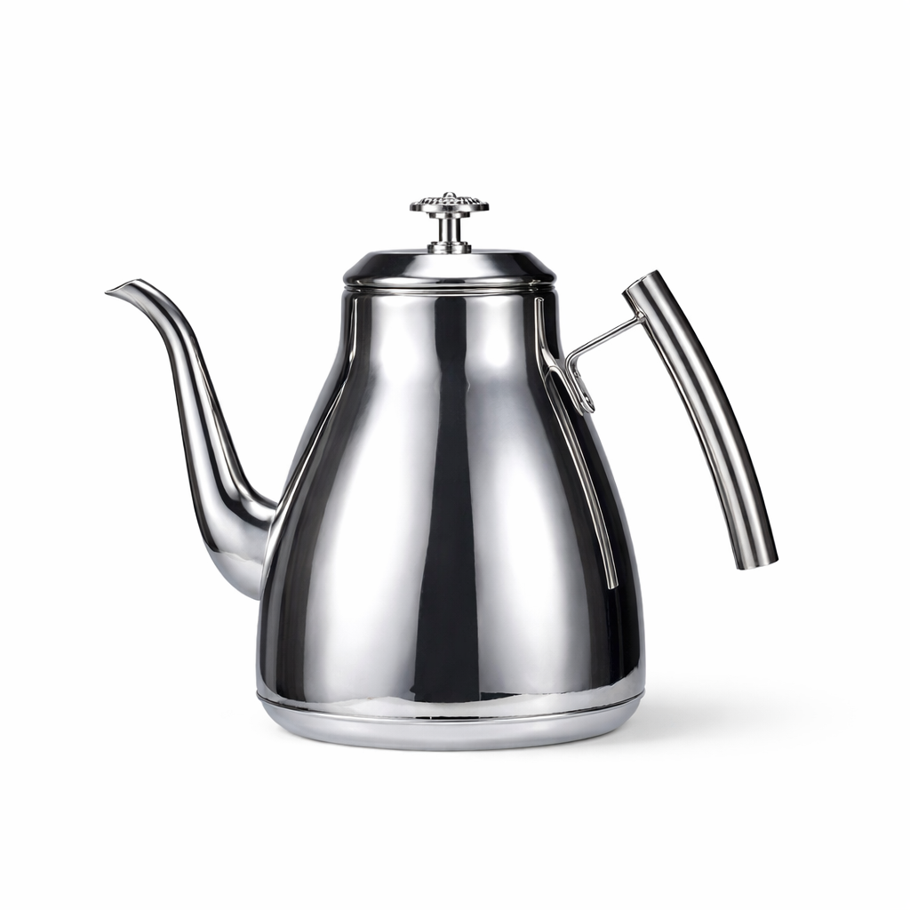 Grande Théière en Inox Argentée sur fond blanc 