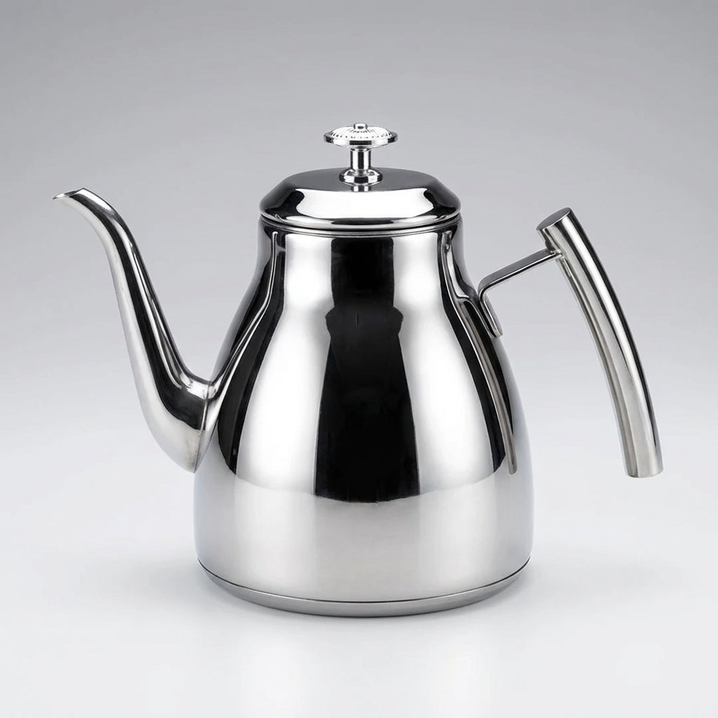 Grande Théière en Inox Argentée sur un fond studio 
