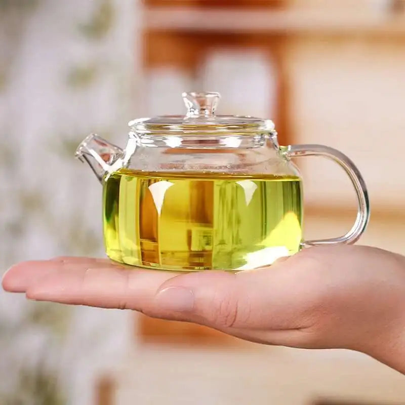 Petite Théière en Verre Borosilicate dans la paume d'une main 