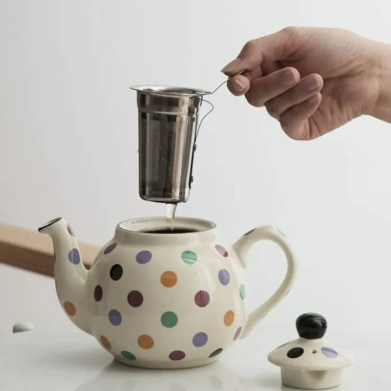 Théière Anglaise Beige à Pois main qui retire le filtre 