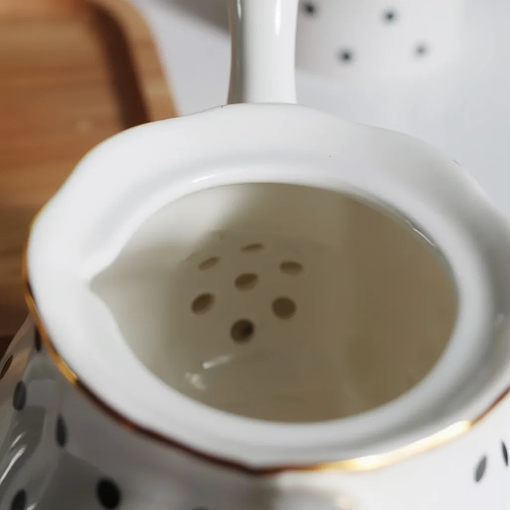 Théière Anglaise Blanche à Pois vue sur la filtration 