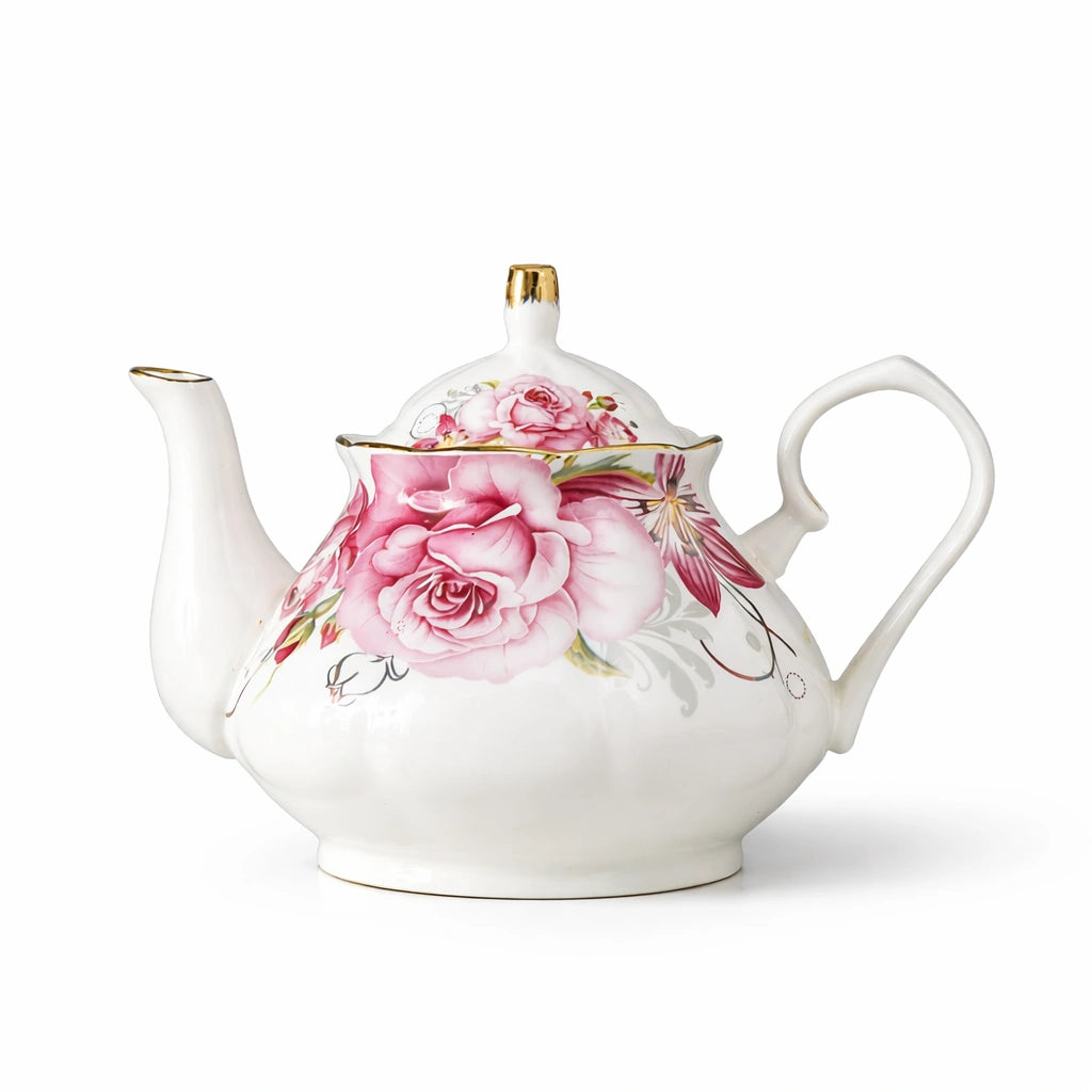 Théière Anglaise Motif Rose sur fond blanc 