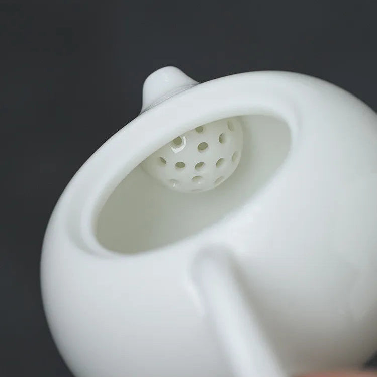 Théière Blanche chinoise en céramique vue sur le filtre 