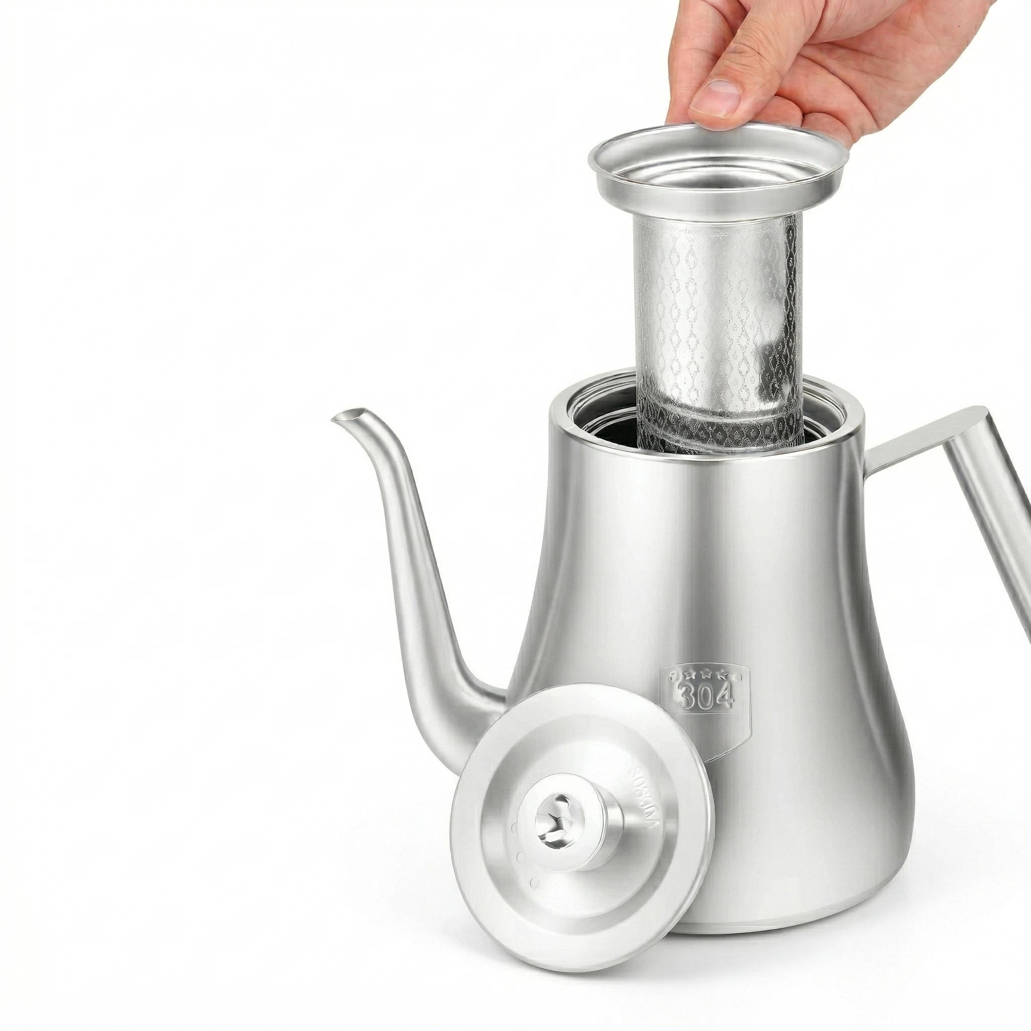 Théière Inox — 2L main qui retire le filtre 