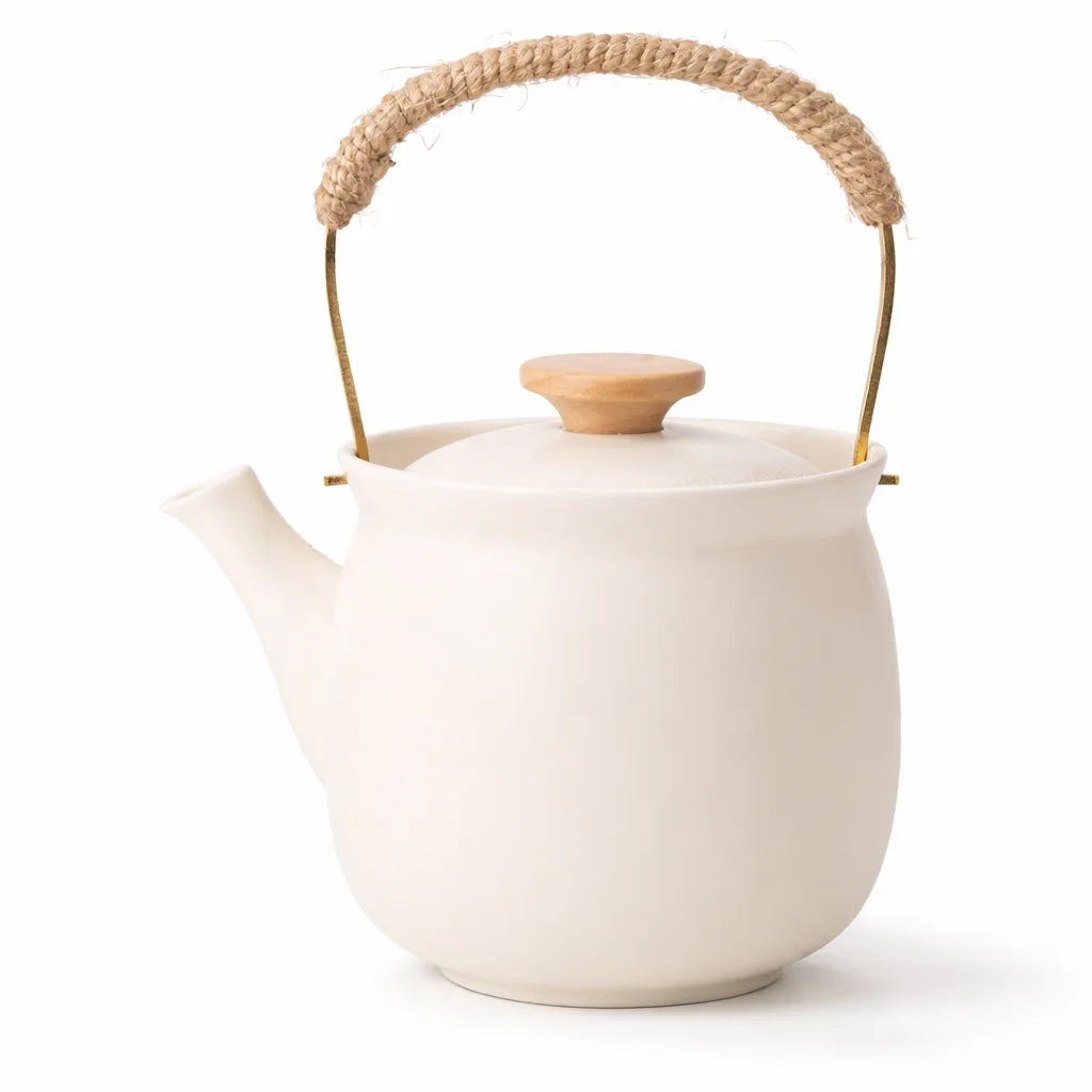 Théière Japonaise Crème avec Anse sur fond blanc 