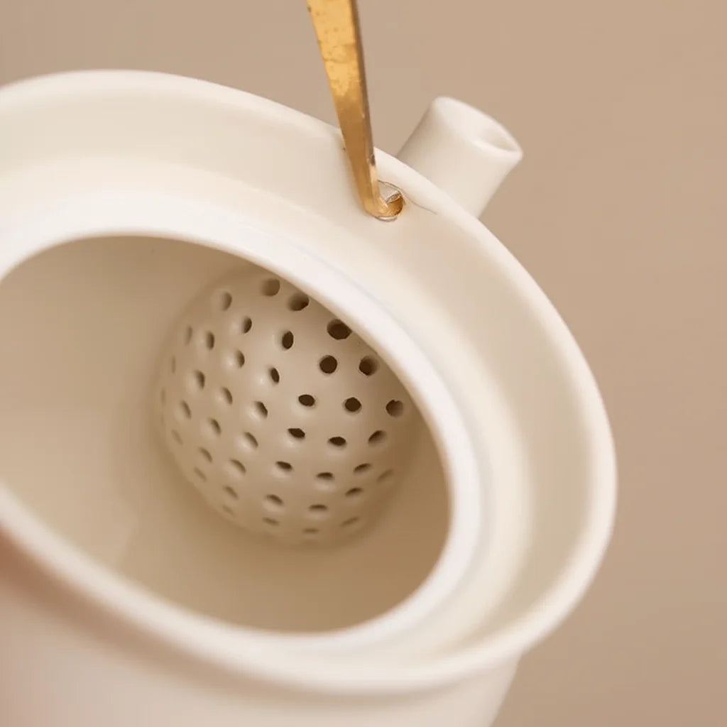 Théière Japonaise Crème avec Anse vue sur le filtre 