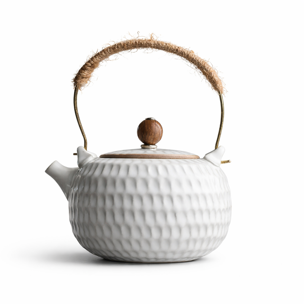Théière Japonaise en Grès Blanche sur fond blanc 