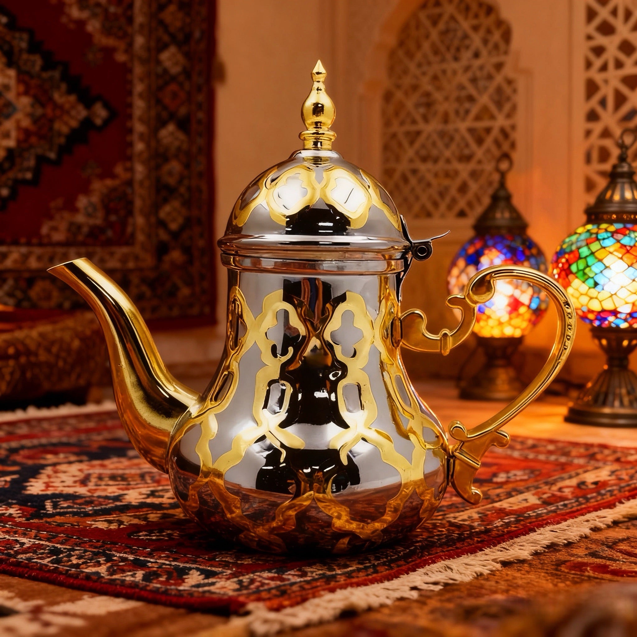 Théière Marocaine Argentée dans un salon marocain 