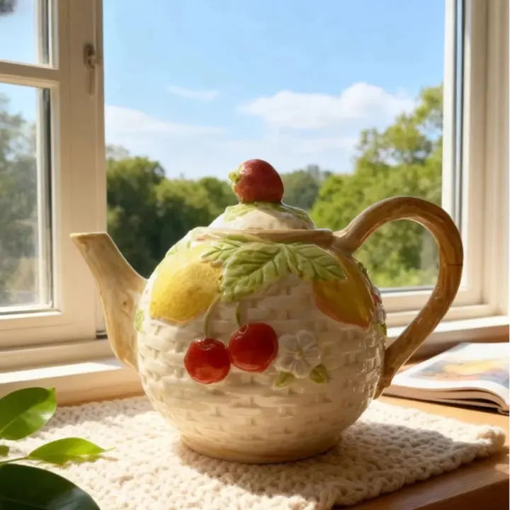 Théière Originale en Céramique Fruit sur un tissus en maille 