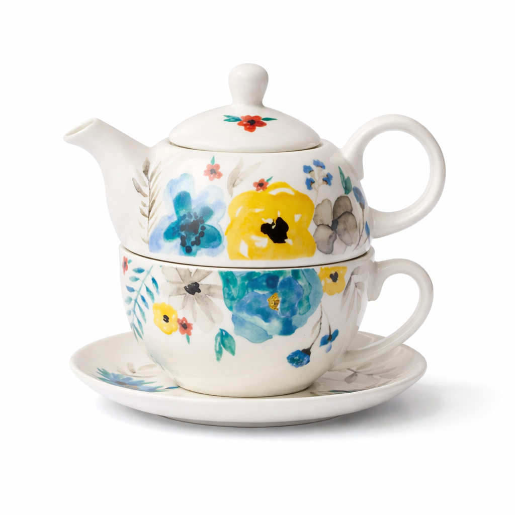 Théière Solitaire à Motif Floral sur un fond blanc 