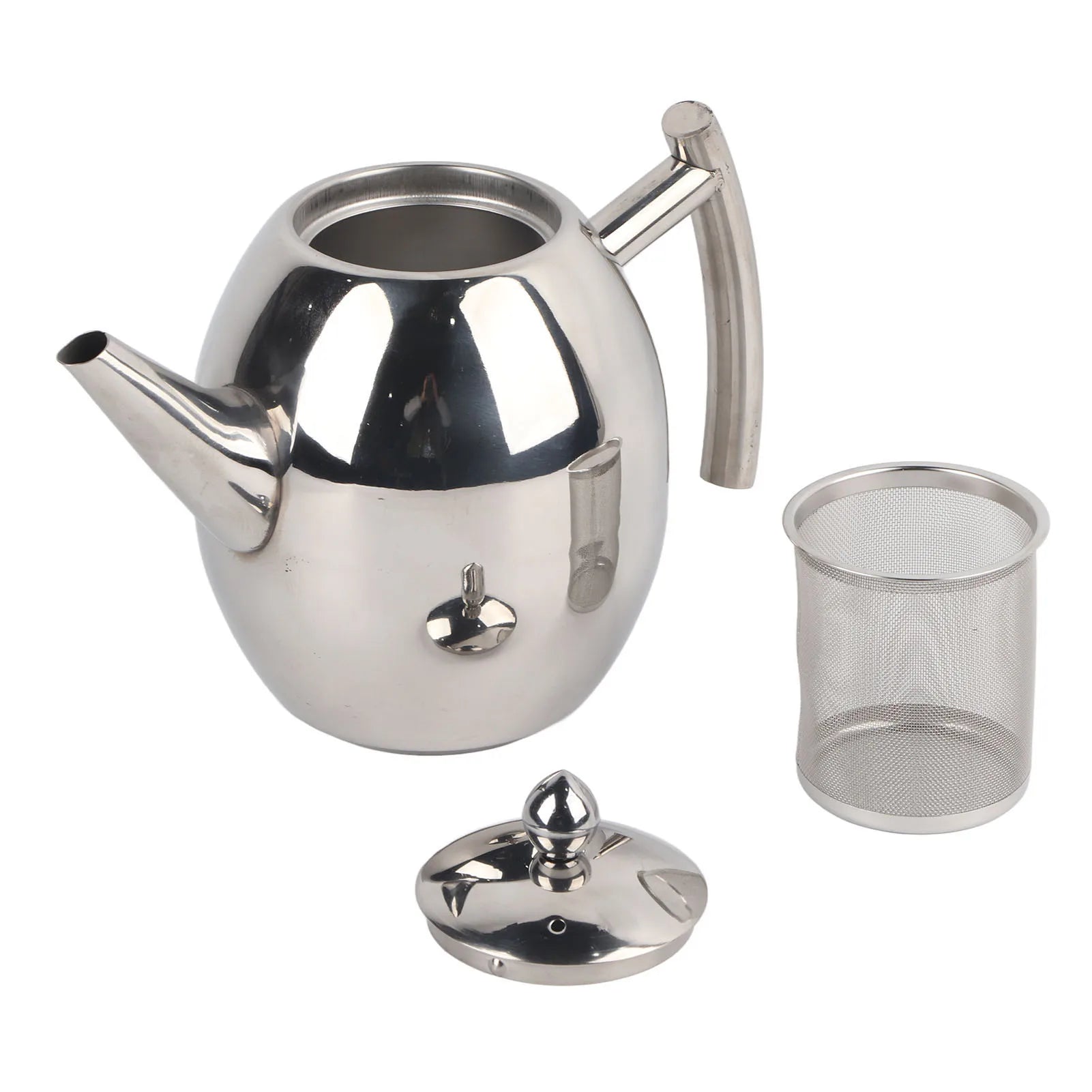 Théière avec Infuseur en Inox Poli Argentée vue sur les 3 éléments de la théière 