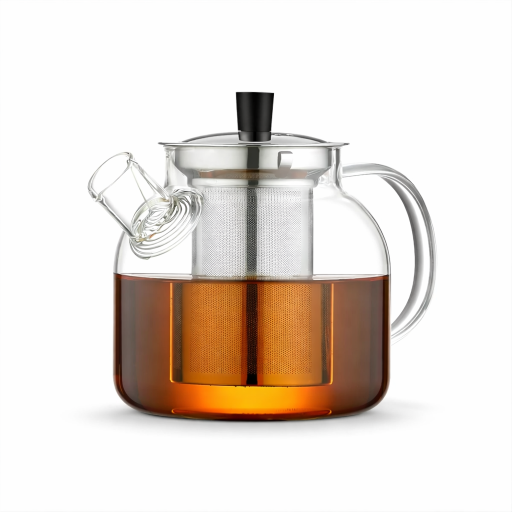 Théière avec Infuseur en Verre sur fond blanc 