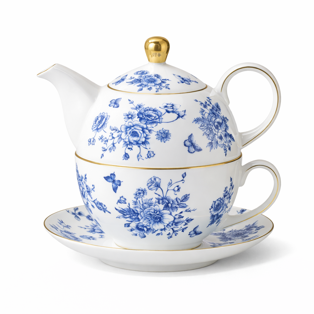 Théière avec Tasse Floral Bleu sur fond blanc 