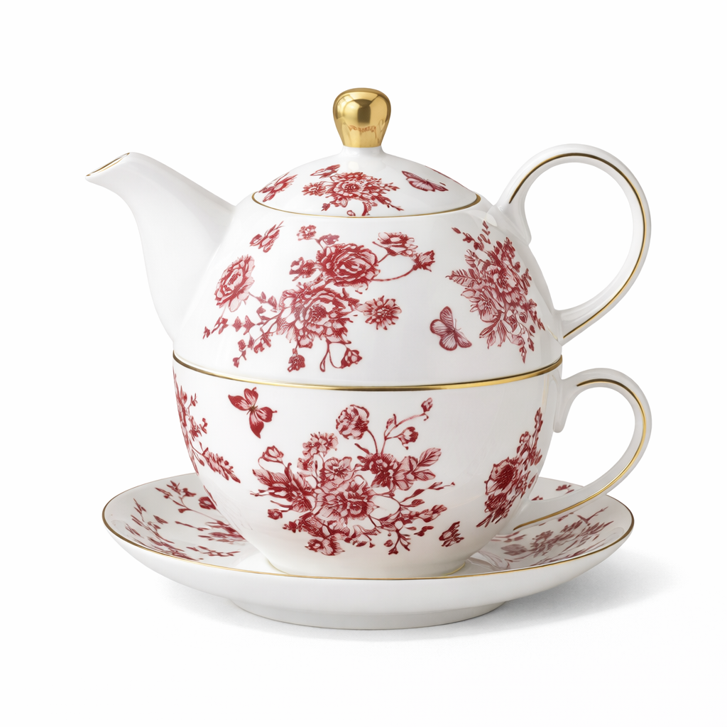 Théière avec Tasse Florale Rouge sur fond blanc 