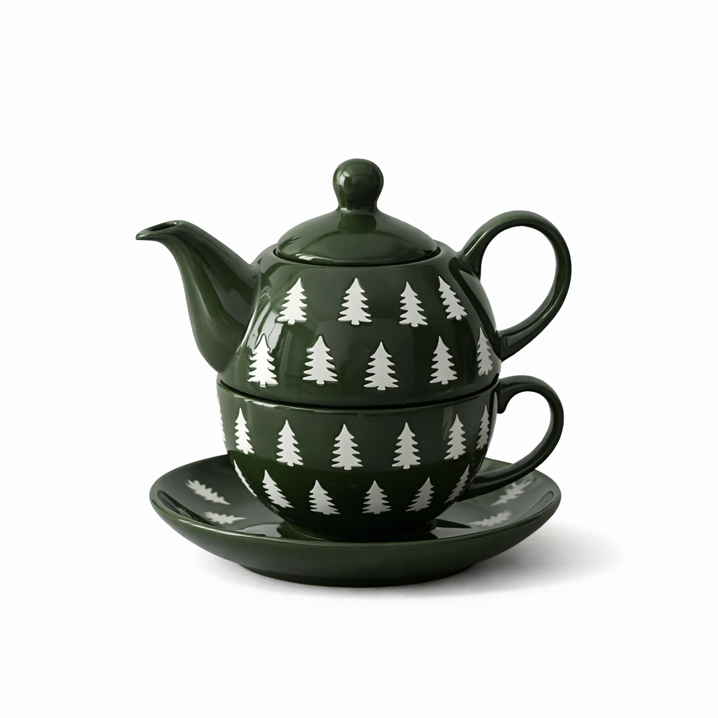 Théière avec tasse à Motif de Sapins sur fond blanc 