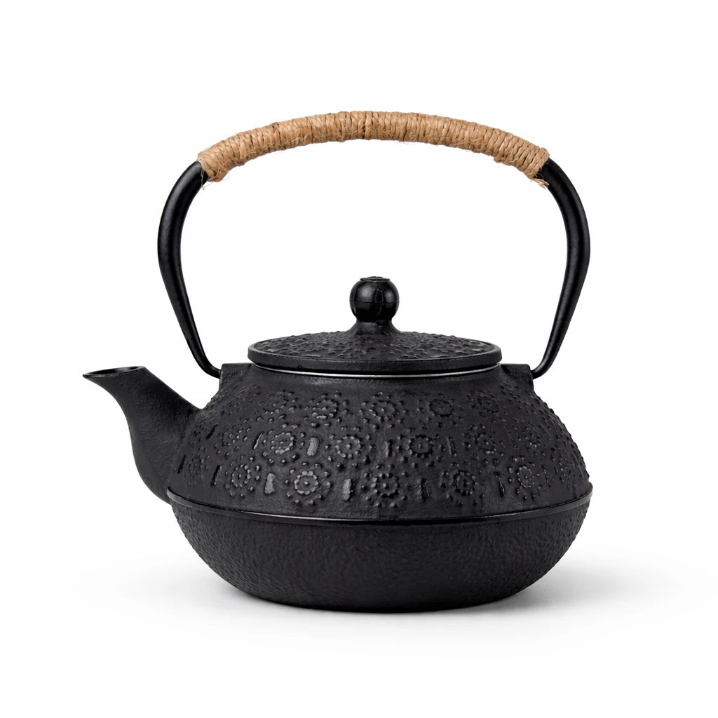 Théière en Fonte Noir Florale sur fond blanc 