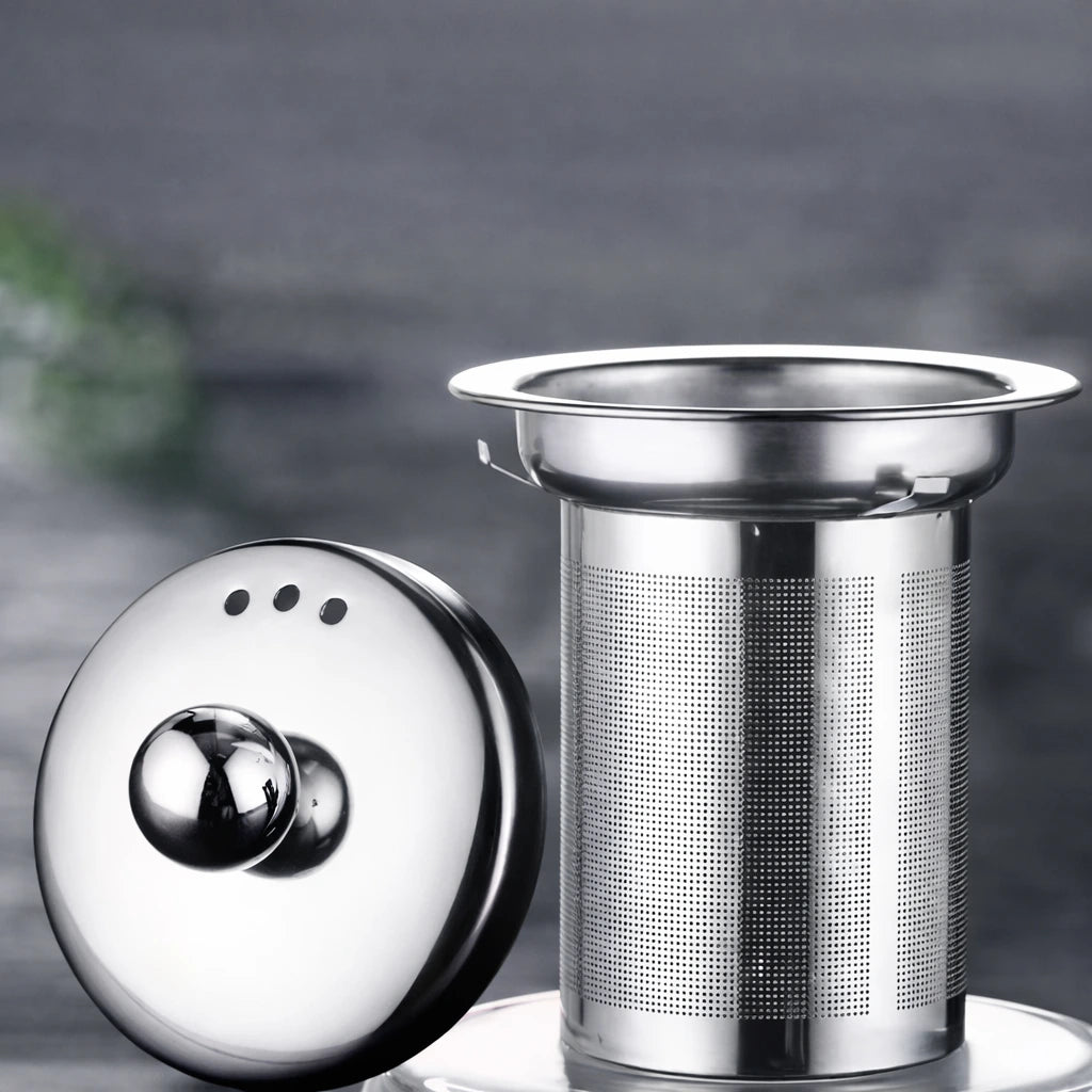 Théière en Verre Carré vue sur le filtre et le couvercle 